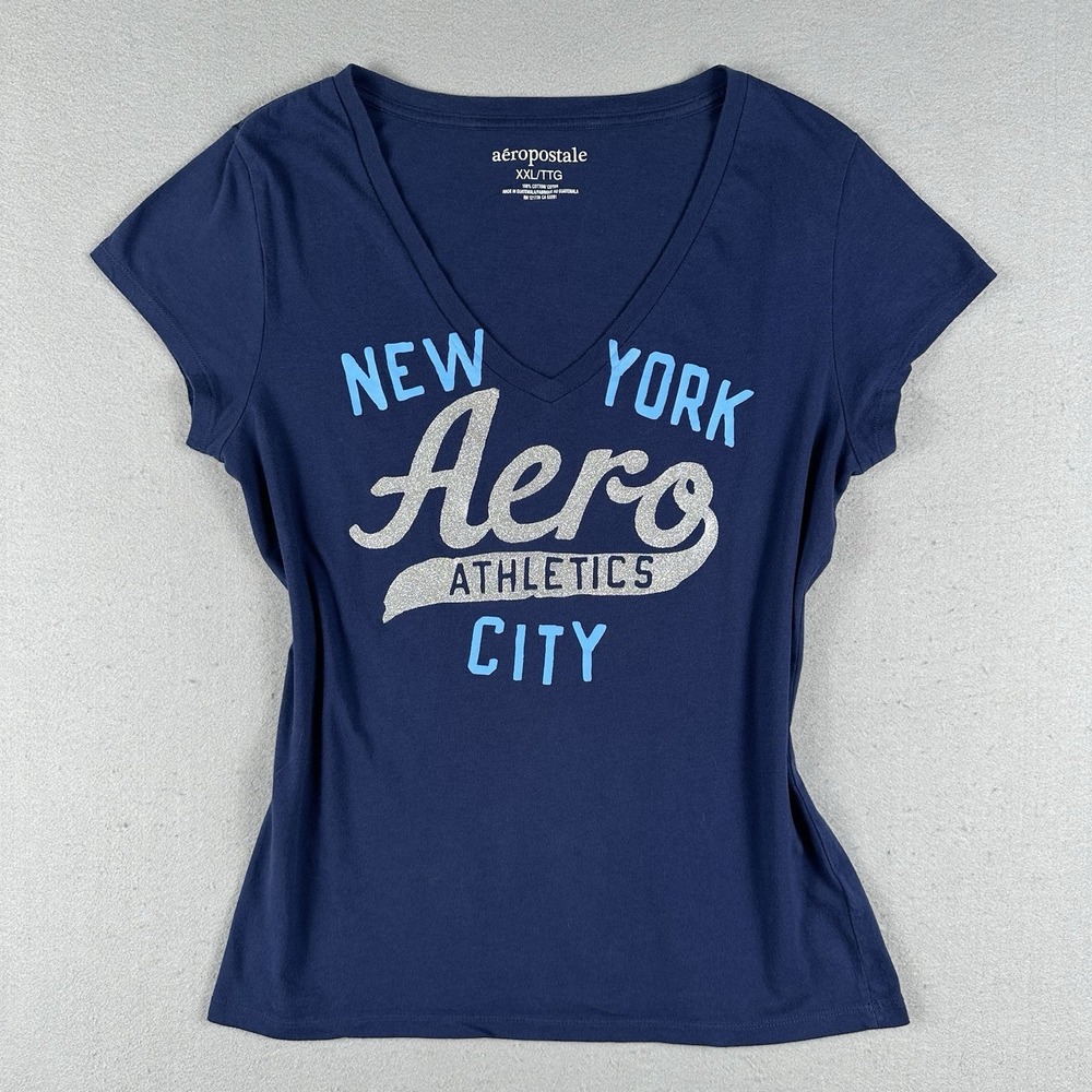 Y2K Aeropostale V Neck Baby Tee Shirt 2XL Blue New York City Aero Glitter Logo